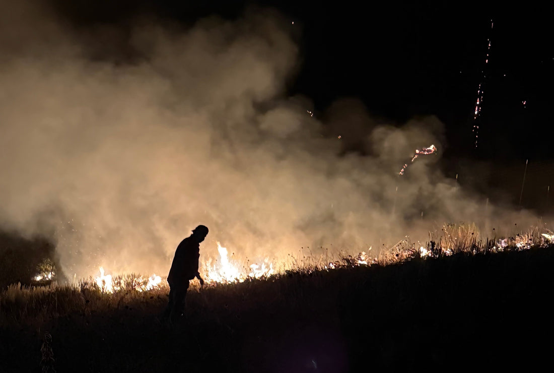 A man's silhouette stands in front of horizontal flames with white smoke rising from the fire.
