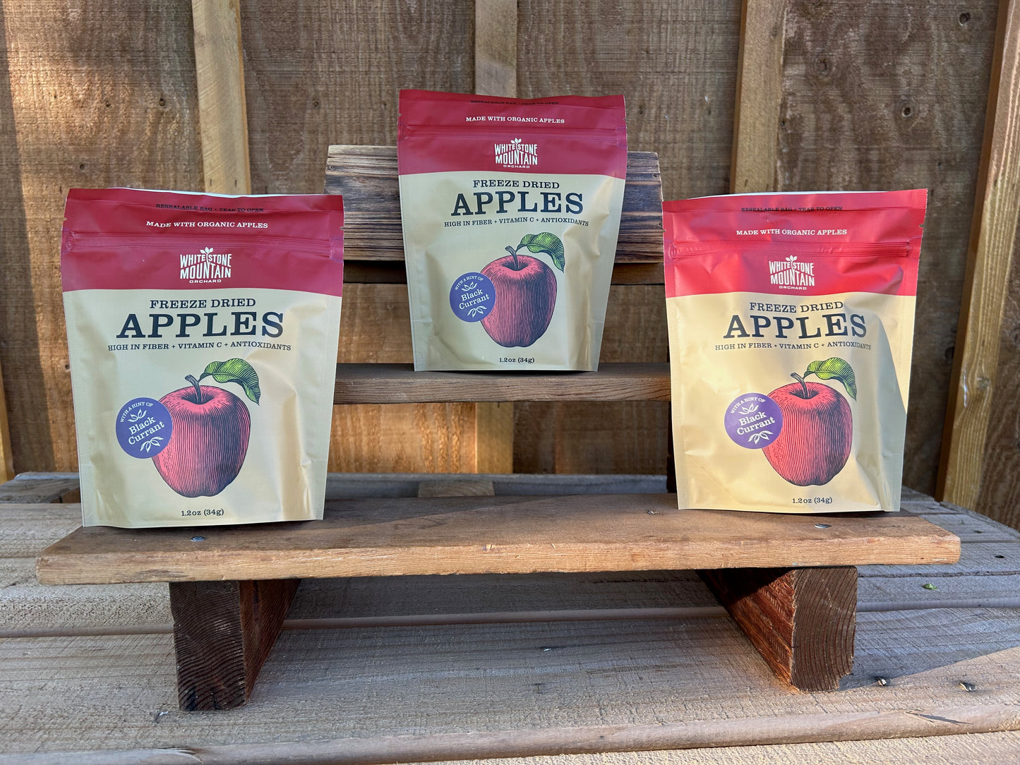 Three bags of Freeze Dried Apples from Whitestone Mountain Orchard, in Black Currant flavor.