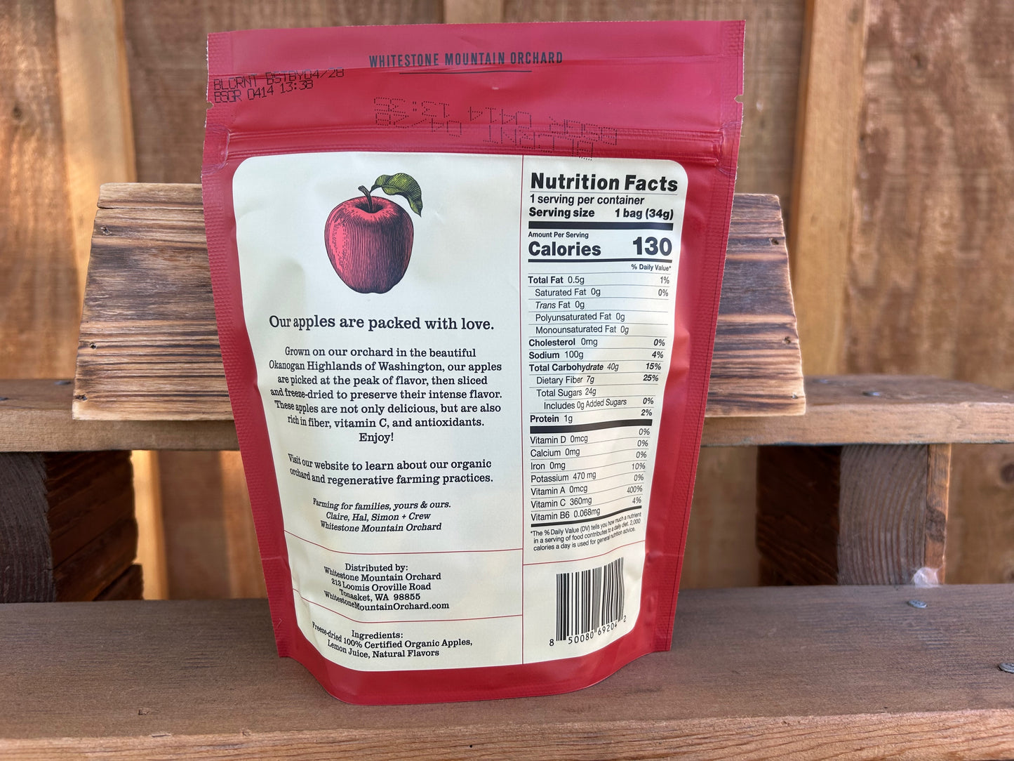 The back of a bag of Freeze Dried apples from Whitestone Mountain Orchard, showing a brief description of the product and nutritional information.